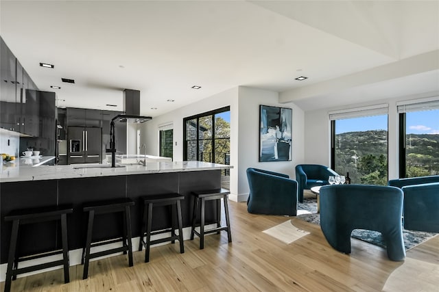 1903 Toro Canyon Rd, Austin, TX 78746 - kitchen with modern cabinets, a peninsula, light wood-style flooring, built in refrigerator, and plenty of natural light