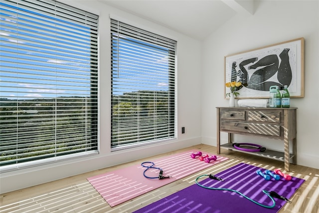 1903 Toro Canyon Rd, Austin, TX 78746 - exercise area featuring wood finished floors and lofted ceiling