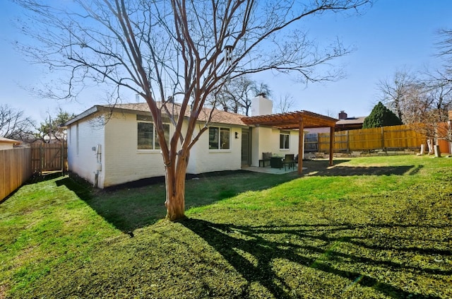 6014 London Dr, Austin, TX 78745 - back of house with a pergola, a chimney, brick siding, and a patio area
