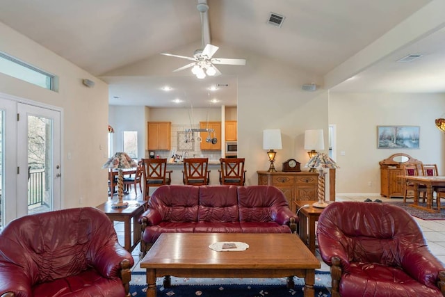 21507 Lakefront Dr, Lago Vista, TX 78645 - tiled living room featuring ceiling fan and baseboards
