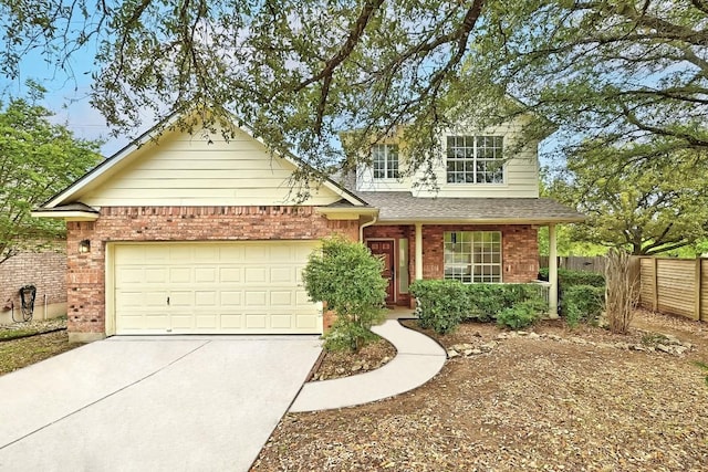 13401 Lamplight Village Ave, Austin, TX 78727 - traditional-style home featuring concrete driveway, brick siding, a garage, and roof with shingles