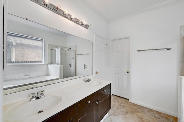 13401 Lamplight Village Ave, Austin, TX 78727 - full bath featuring a shower stall, a bath, double vanity, crown molding, and tile patterned flooring