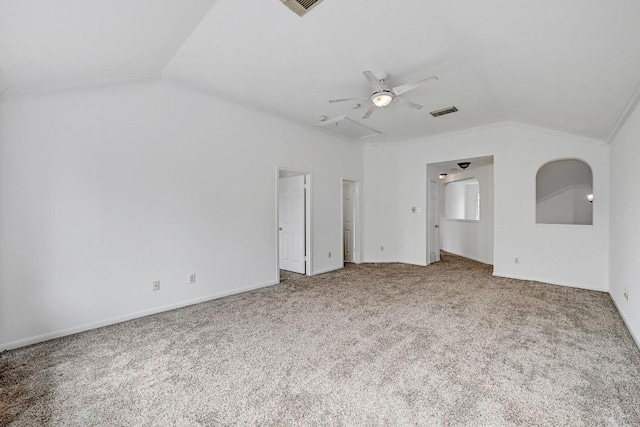 13401 Lamplight Village Ave, Austin, TX 78727 - carpeted empty room with lofted ceiling, a ceiling fan, baseboards, and attic access
