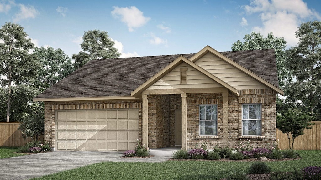 18212 Emu Ln, Manor, TX 78653 - view of front of house with brick siding, a garage, driveway, and roof with shingles