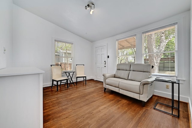 5313 Martin Ave, Austin, TX 78751 - living area with vaulted ceiling, wood finished floors, and baseboards