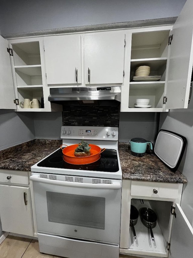 kitchen with under cabinet range hood, white range with electric stovetop, open shelves, and white cabinets