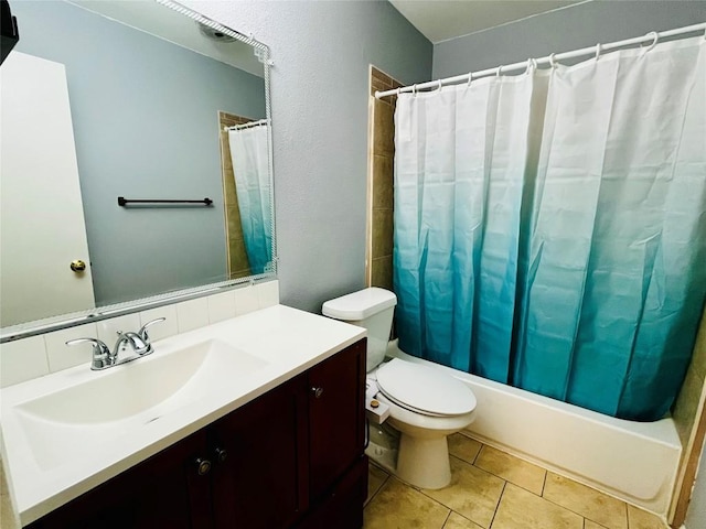 full bathroom with toilet, shower / bathtub combination with curtain, vanity, and tile patterned flooring