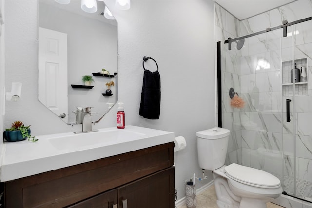 12404 Granton Cv, Austin, TX 78754 - bathroom featuring a stall shower, vanity, tile patterned flooring, and toilet