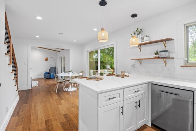 kitchen featuring dishwasher, light wood-type flooring, white cabinets, open shelves, and recessed lighting