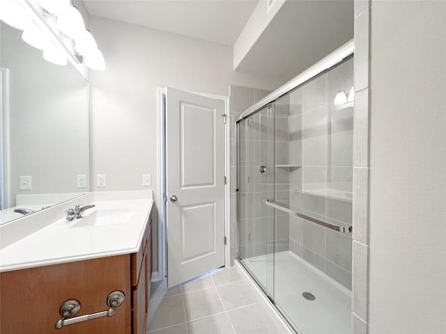 676 Ferrule Dr, Kyle, TX 78640 - bathroom with vanity, a shower stall, and tile patterned floors