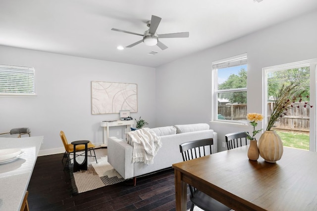 5901 Bolm Rd Unit H, Austin, TX 78721 - dining area featuring dark wood-style floors, plenty of natural light, a ceiling fan, recessed lighting, and baseboards