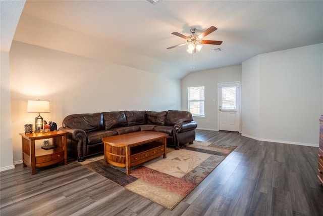 168 Onna St, Taylor, TX 76574 - living area featuring wood finished floors, a ceiling fan, and vaulted ceiling