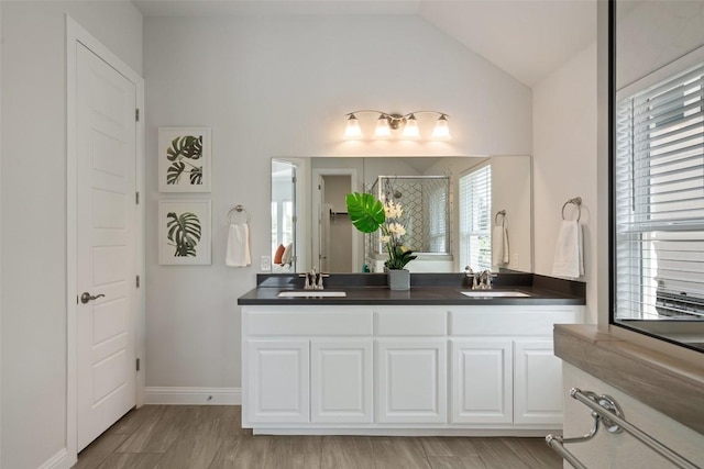 306 Gulfton St, Austin, TX 78738 - full bathroom featuring a stall shower, double vanity, lofted ceiling, and baseboards