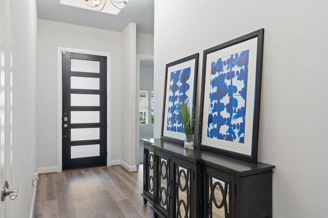 306 Gulfton St, Austin, TX 78738 - entryway with wood finished floors, a chandelier, and baseboards