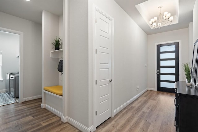 306 Gulfton St, Austin, TX 78738 - foyer entrance featuring a chandelier, light wood-style flooring, and baseboards