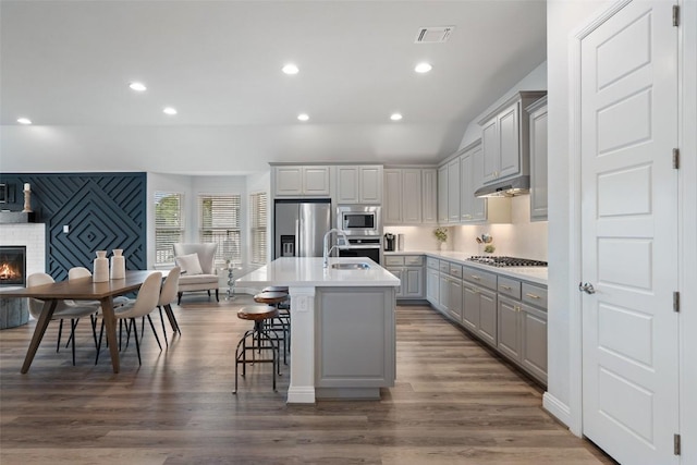 306 Gulfton St, Austin, TX 78738 - kitchen featuring appliances with stainless steel finishes, a sink, gray cabinetry, an island with sink, and wood finished floors
