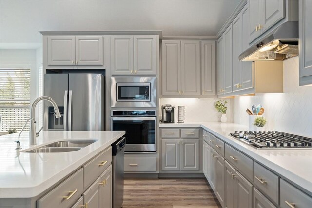 306 Gulfton St, Austin, TX 78738 - kitchen with stainless steel appliances, under cabinet range hood, gray cabinets, a sink, and light countertops
