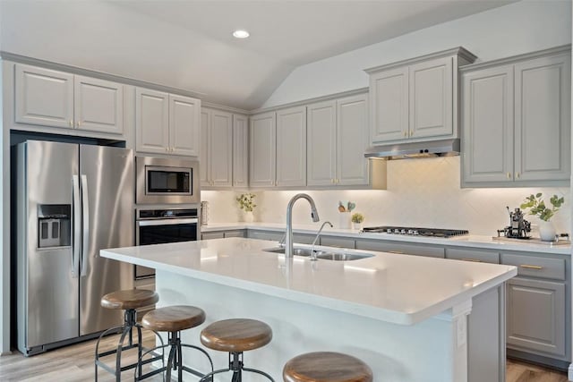 306 Gulfton St, Austin, TX 78738 - kitchen with stainless steel appliances, a sink, under cabinet range hood, light wood finished floors, and vaulted ceiling