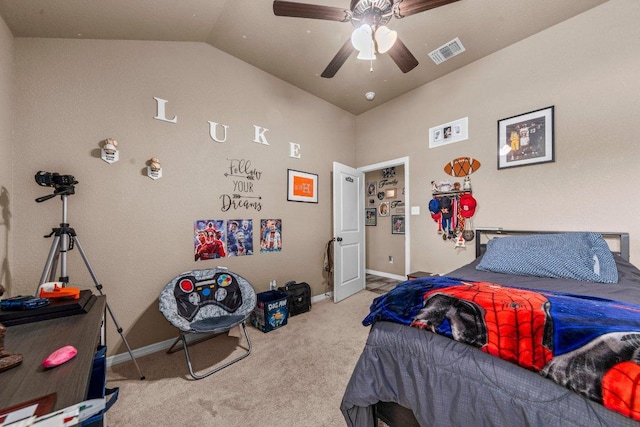 11066 La Paloma Loop, Salado, TX 76571 - bedroom featuring carpet floors, vaulted ceiling, baseboards, and a ceiling fan