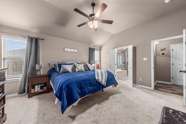 11066 La Paloma Loop, Salado, TX 76571 - carpeted bedroom with vaulted ceiling, baseboards, connected bathroom, and a ceiling fan