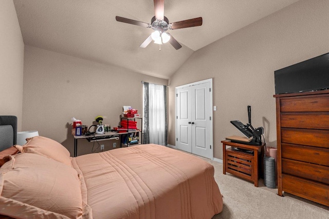 11066 La Paloma Loop, Salado, TX 76571 - bedroom featuring light carpet, lofted ceiling, and ceiling fan