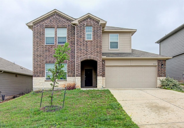 5912 Berriweather Dr, Austin, TX 78724 - traditional-style house featuring concrete driveway, brick siding, a front yard, stone siding, and a shingled roof