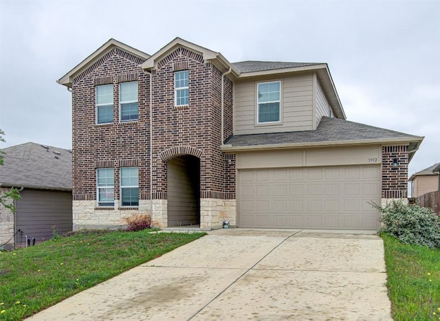5912 Berriweather Dr, Austin, TX 78724 - traditional-style house with brick siding, driveway, stone siding, an attached garage, and roof with shingles