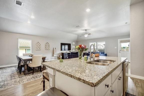 5907 Akin Run, San Antonio, TX 78261 - kitchen featuring a sink, white cabinets, plenty of natural light, wood finished floors, and recessed lighting