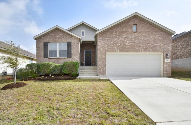 5907 Akin Run, San Antonio, TX 78261 - view of front of house featuring brick siding, a front lawn, driveway, and a garage