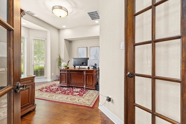 201 Aldea St, Georgetown, TX 78633 - office space with baseboards, dark wood finished floors, and recessed lighting