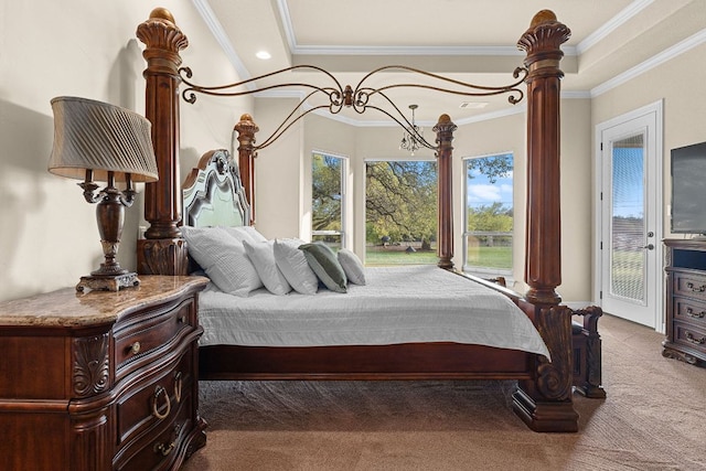 201 Aldea St, Georgetown, TX 78633 - bedroom with carpet flooring, access to exterior, and ornamental molding