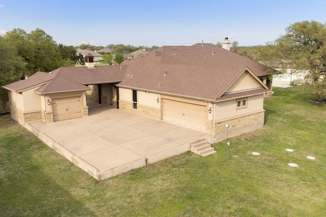 201 Aldea St, Georgetown, TX 78633 - view of property exterior featuring stone siding, a chimney, driveway, and stucco siding