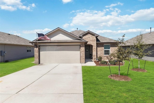 215 Whipporwill Ln, San Marcos, TX 78666 - view of front of house with brick siding, a garage, concrete driveway, and a front lawn