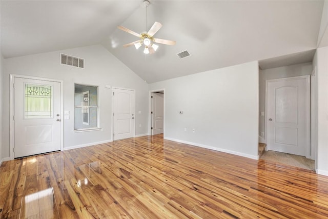 unfurnished living room featuring visible vents, ceiling fan, and light wood-style flooring