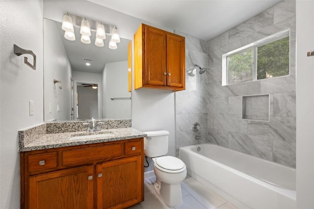 full bathroom with tile patterned flooring, shower / bathing tub combination, toilet, vanity, and visible vents