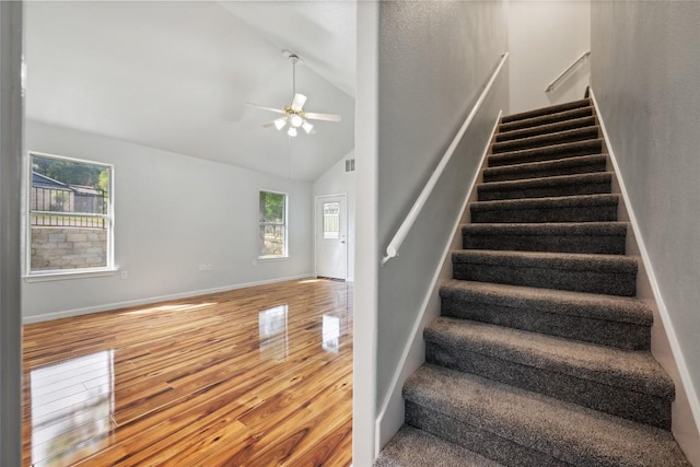 stairs featuring ceiling fan, high vaulted ceiling, visible vents, baseboards, and wood finished floors