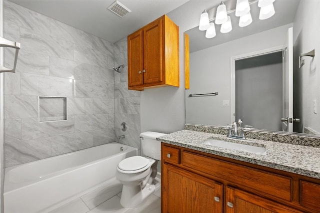 full bath featuring visible vents, toilet, shower / bathtub combination, and vanity