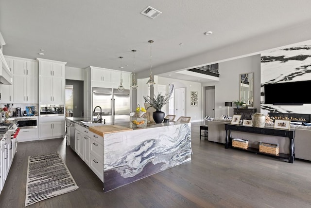 4525 Via Roma Pass, Leander, TX 78641 - kitchen featuring stainless steel appliances, open floor plan, a sink, dark wood-style flooring, and recessed lighting
