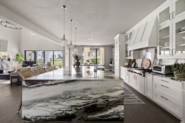 4525 Via Roma Pass, Leander, TX 78641 - kitchen featuring dark wood-type flooring, open floor plan, a large island, white cabinets, and stainless steel gas cooktop