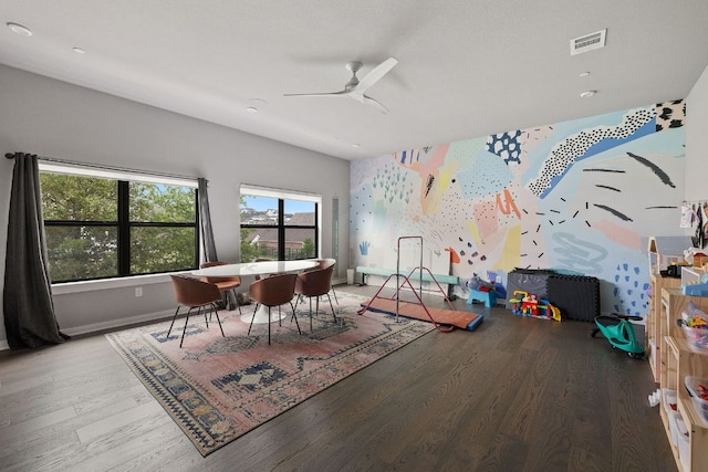 4525 Via Roma Pass, Leander, TX 78641 - rec room featuring wood finished floors, a ceiling fan, and baseboards