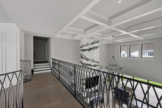 4525 Via Roma Pass, Leander, TX 78641 - hallway with coffered ceiling, wood finished floors, beamed ceiling, and recessed lighting