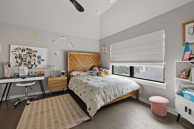 4525 Via Roma Pass, Leander, TX 78641 - bedroom with wood finished floors, high vaulted ceiling, and a ceiling fan