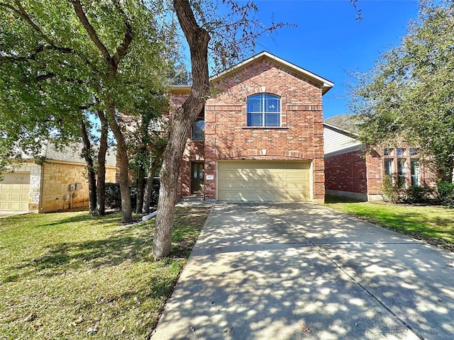 613 Arrowhead Trl, Cedar Park, TX 78613 - traditional-style home with brick siding, driveway, a garage, and a front yard