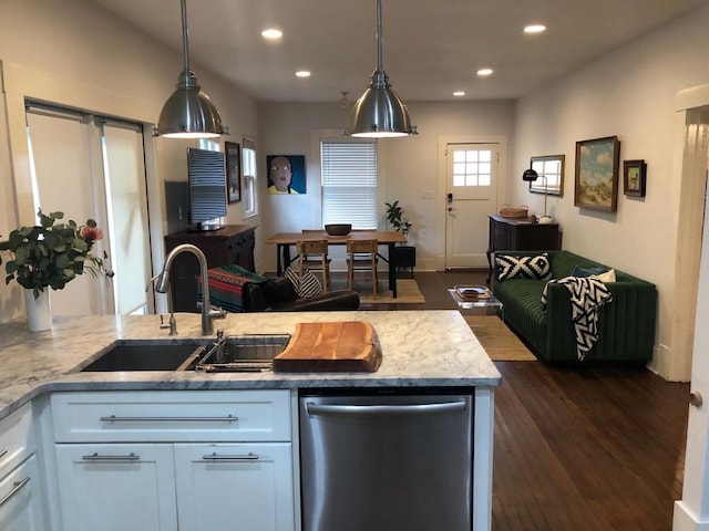 900 W Lynn St, Austin, TX 78703 - kitchen with dishwasher, a sink, dark wood-type flooring, white cabinetry, and recessed lighting