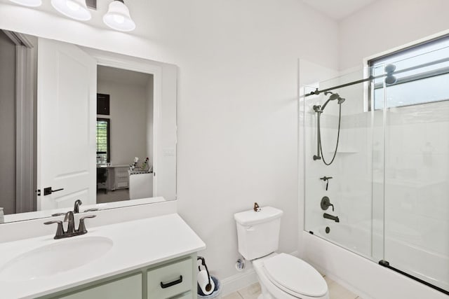 17301 Avion Dr, Dripping Springs, TX 78620 - bathroom with toilet, shower / bath combination with glass door, vanity, and plenty of natural light