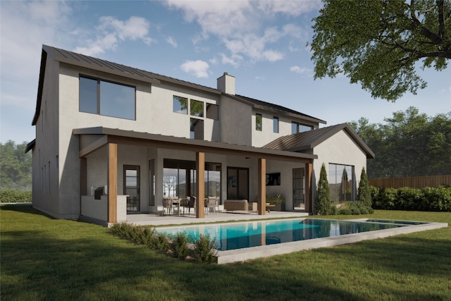 3507 Pinnacle Rd, Austin, TX 78746 - back of house with stucco siding, a patio, a chimney, an outdoor hangout area, and metal roof