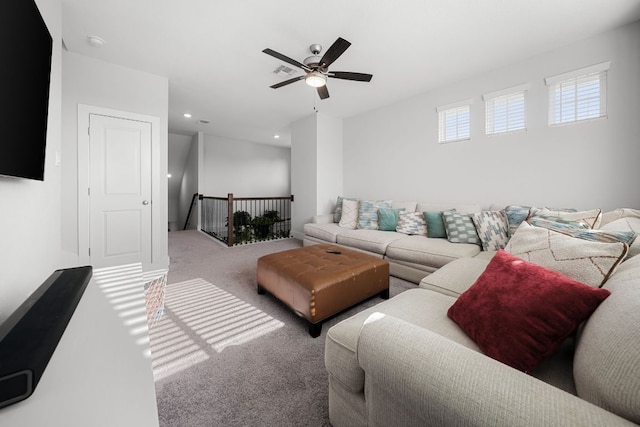 134 Soft Elm Dr, Buda, TX 78610 - living area featuring carpet, a ceiling fan, and recessed lighting