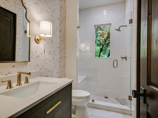 1614 Bruton Springs Rd, Austin, TX 78733 - full bath featuring vanity, a stall shower, toilet, and wallpapered walls