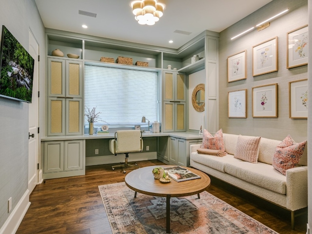 1614 Bruton Springs Rd, Austin, TX 78733 - living room with dark wood finished floors, baseboards, recessed lighting, and a chandelier