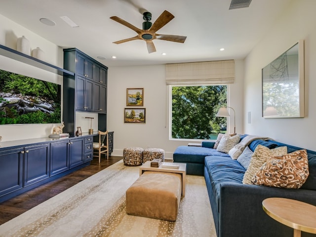 1614 Bruton Springs Rd, Austin, TX 78733 - living room featuring dark wood-style flooring, ceiling fan, and recessed lighting